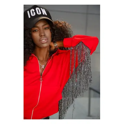 Oversize women's red sweatshirt with fringe