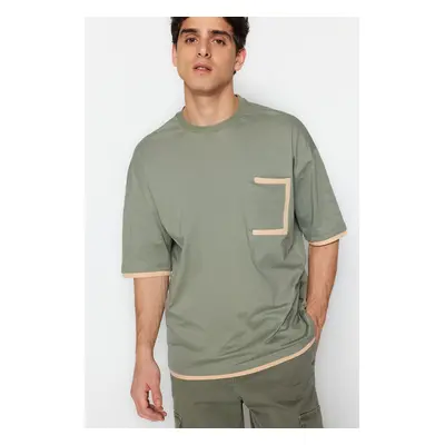 Trendyol Khaki Oversize Pocket Color Blocked 100% Cotton T-Shirt