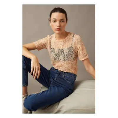 Koton Crew Neck Short Sleeve Lace Blouse