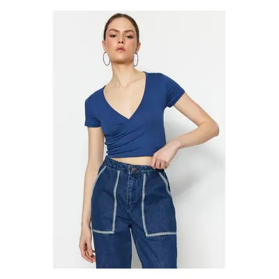 Trendyol Blue Fitted Double Breasted Neck Crop Viscose Stretchy Knitted Blouse