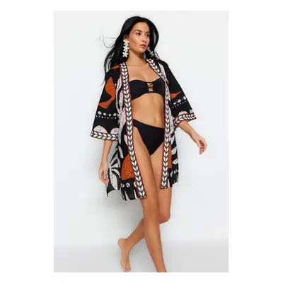 Trendyol Ethnic Pattern Belted Mini Woven 100% Cotton Kimono & Kaftan