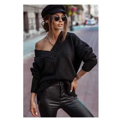 Madmext Mad Girls Black V-Neck Oversize női pulóver MG766