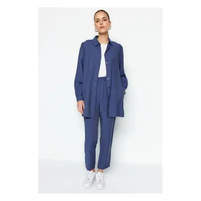 Trendyol Navy Blue Linen Look Shirt-Trousers Woven Suit