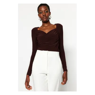 Trendyol Brown Waistband Draped Detailed Fitted/Situated Elastic Snaps Knitted Bodysuit