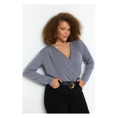 Trendyol Curve Gray V-Neck Double Breasted Closure Snap Knitted Body