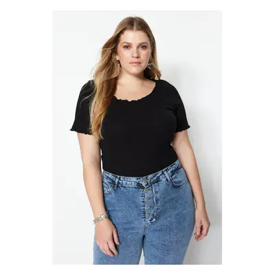 Trendyol Curve Black Ribbed U Neck Knitted T-Shirt