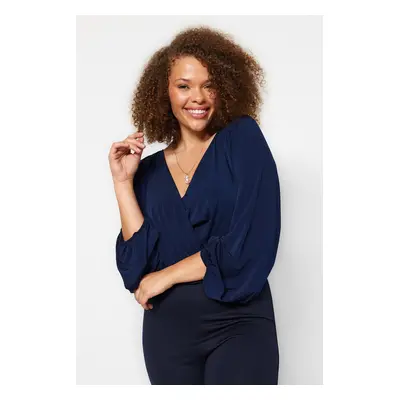 Trendyol Curve Navy Blue Balloon Sleeve Double Breasted Neck Knitted Blouse