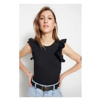 Trendyol Black Frill Detailed Corduroy Crew Neck Flexible Knitted Bodysuit