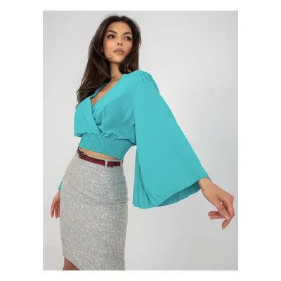 Blue formal blouse with clutch neckline