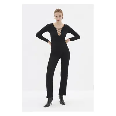 Trendyol Black Tie Detailed Knitted Jumpsuit