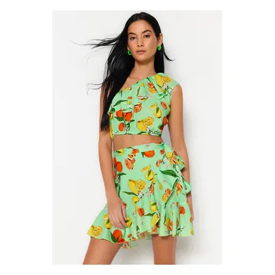 Trendyol Fruit Patterned Woven Flounce One Shoulder Blouse Skirt Set