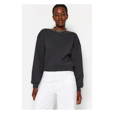 Trendyol Anthracite Comfort Fit Crop Basic Crew Neck Thick Fleece Knitted Sweatshirt