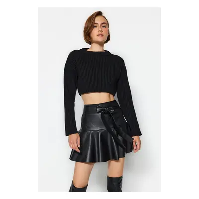 Trendyol Black Faux Leather Skirt with Frill Tie Tie Detail Mini Woven Skirt