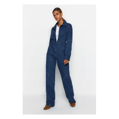 Trendyol Limited Edition Blue Stitch Detail Zippered Denim Jumpsuit