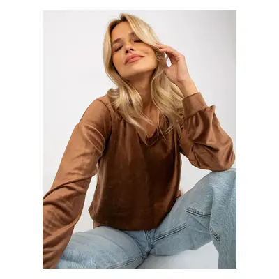 Brown velour blouse RUE PARIS with V-neck