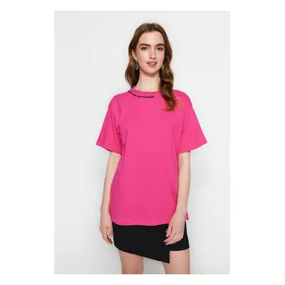 Trendyol Fuchsia 100% Cotton Embroidered Boyfriend Crew Neck Knitted T-Shirt