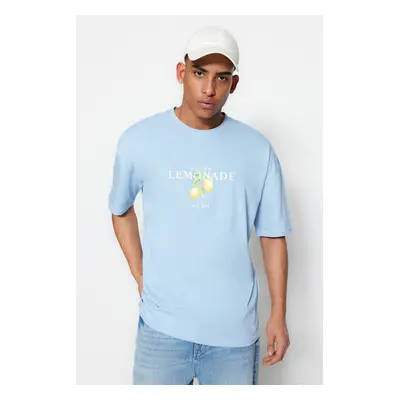 Trendyol Light Blue Unisex Oversize/Wide Cut Crew Neck rövid ujjú mintás póló