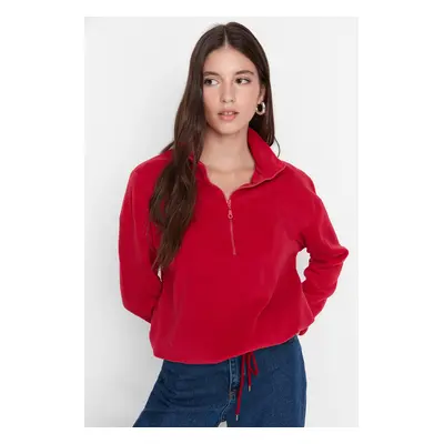 Trendyol Burgundy Zipper Detailed Fleece Knitted Sweatshirt