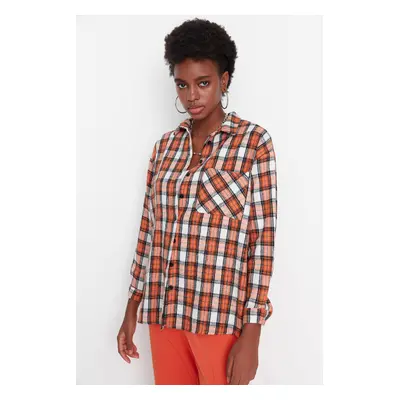 Trendyol Orange Wide-Cut Checkered Woven Shirt