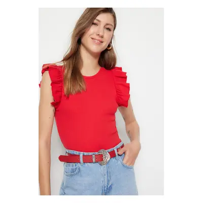 Trendyol Red Frill Detailed Corduroy Crew Neck Flexible Knitted Bodysuit