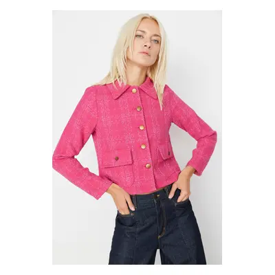 Trendyol Pink Fitted Pocket Detail Plaid Crop Woven Jacket