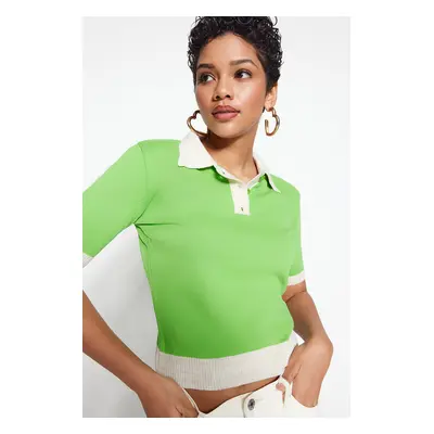 Trendyol Green Color Block Polo Neck Knitwear Blouse