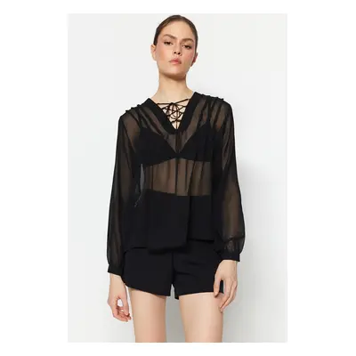 Trendyol Black Weave Sheer Blouse with Lace-up Detail