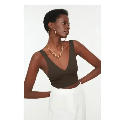 Trendyol Brown V-Neck Knitwear Blouse