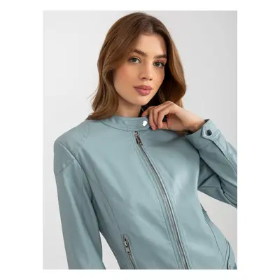 Light blue biker jacket made of faux leather with pockets