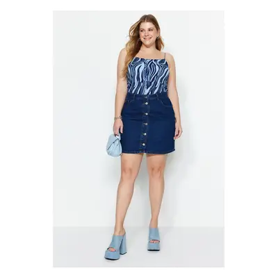 Trendyol Curve Dark Blue Button-Front Denim Skirt