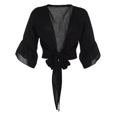 Trendyol Curve Black Double Breasted Collar Sleeve Ruffle Beach Wear Blouse