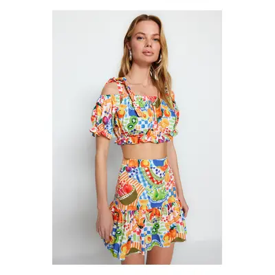 Trendyol Fruit Patterned Woven Ruffle Blouse and Skirt Set