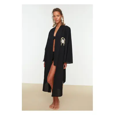 Trendyol Black Belted Midi 100% Cotton Kimono & Kaftan With Woven Embroidery