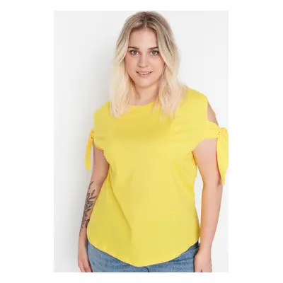 Trendyol Curve Yellow Sleeves Tie Detail 100% Cotton Knitted T-Shirt