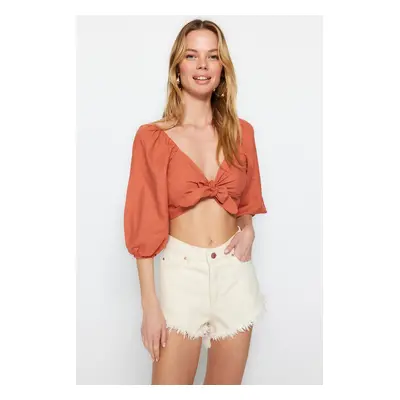 Trendyol Tile Crop Woven Tie 100% Cotton Blouse