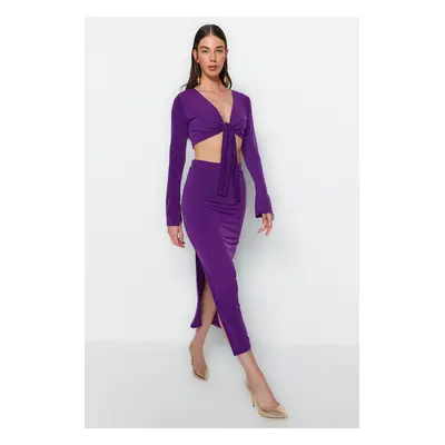 Trendyol Purple Tie Detailed Super Crop and Midi Stretchy Knitted Bottom-Top Set