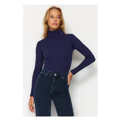 Trendyol Indigo Corduroy Asymmetrical Collar Detail Fitted/Slip-On Knitted Blouse