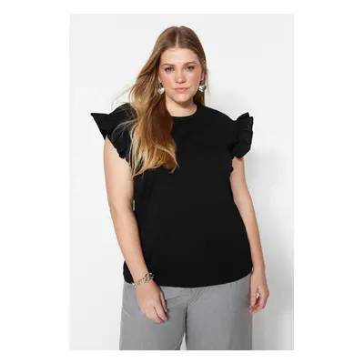 Trendyol Curve Black Crew Neck Ruffle Sleeves 100% Cotton Knitted T-Shirt