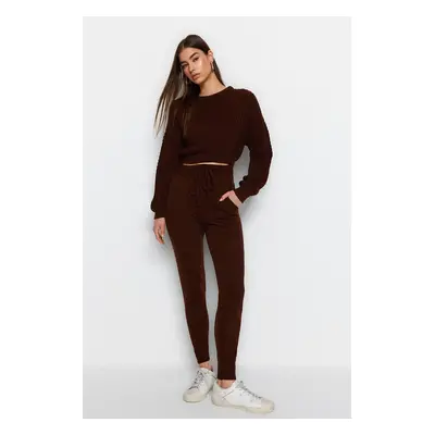 Trendyol Brown Crop Crew Neck Knitwear Bottom-Top Set