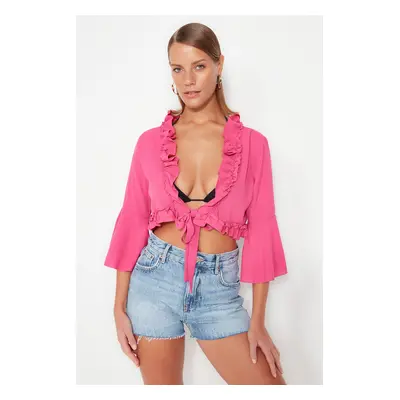 Trendyol Fuchsia Crop Woven Frilly Blouse