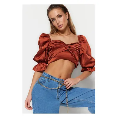 Trendyol Cinnamon Crop Lined Woven Satin Blouse