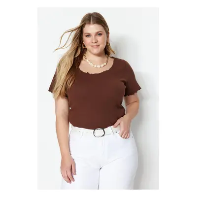 Trendyol Curve Brown Ribbed U Neck Knitted T-Shirt