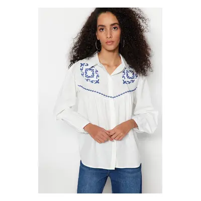 Trendyol Ecru Embroidered Cotton Woven Shirt