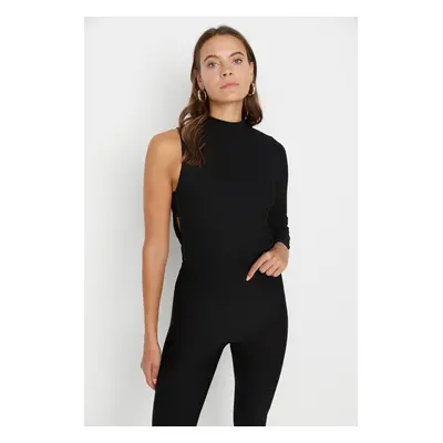 Trendyol Black Standing Collar With Cutout Detail Single Sleeve Ribbed Flexible Knitted Snap But