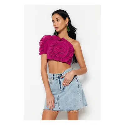 Trendyol Fuchsia Crop Weave Ruffled One-Shoulder 100% Cotton Blouse