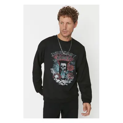 Trendyol Black Oversize/Wide-Fit Crew Neck Rock Theme Sweatshirt