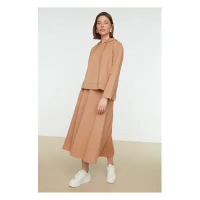 Trendyol Beige Hooded Sweatshirt-Skirt Knitted Suit