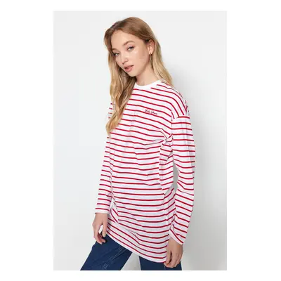 Trendyol Red Oversize Embroidered Detailed Knitted Striped Tunic