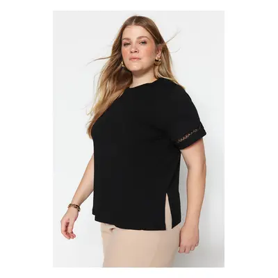 Trendyol Curve Black Crew Neck Lace Detailed 100% Cotton Knitted T-Shirt