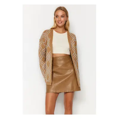 Trendyol Camel Oversize Midi puha texturált mintás kötöttáru Cardigan